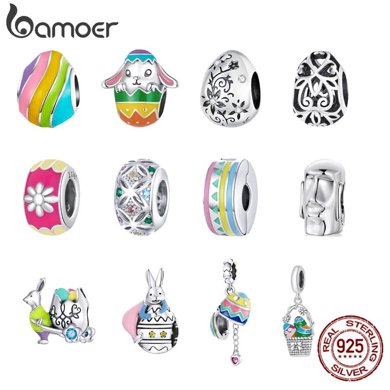 BAMOER Hạt Bạc 925 Hình Thỏ Trứng Phục Sinh Tự Làm Vòng Tay / Vòng cổ