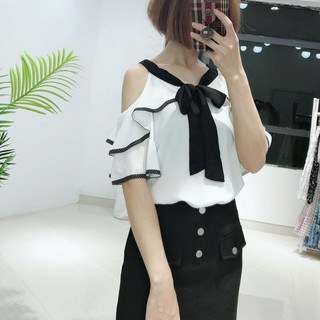 Áo sơ mi trễ vai thắt nơ