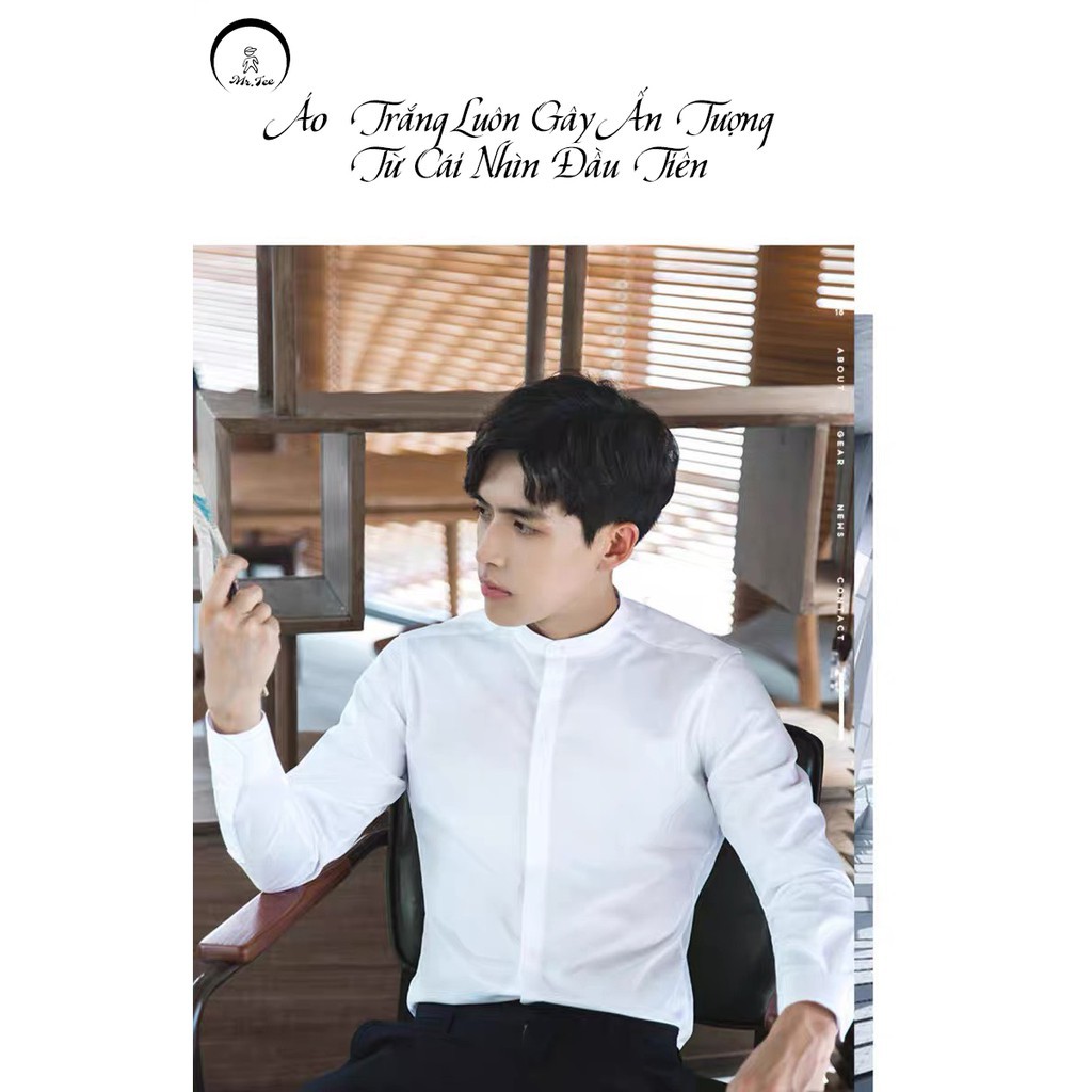 Áo sơ mi trắng nam cổ trụ tàu dài tay vải lụa mềm form rộng phong cách hàn quốc cao cấp | Beway B | BigBuy360 - bigbuy360.vn