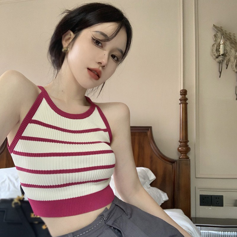 Áo Croptop Dệt Kim Hai Dây Cổ Tròn Ôm Dáng Họa Tiết Kẻ Sọc Gợi Cảm Mùa Hè Hàn Quốc Cho Nữ