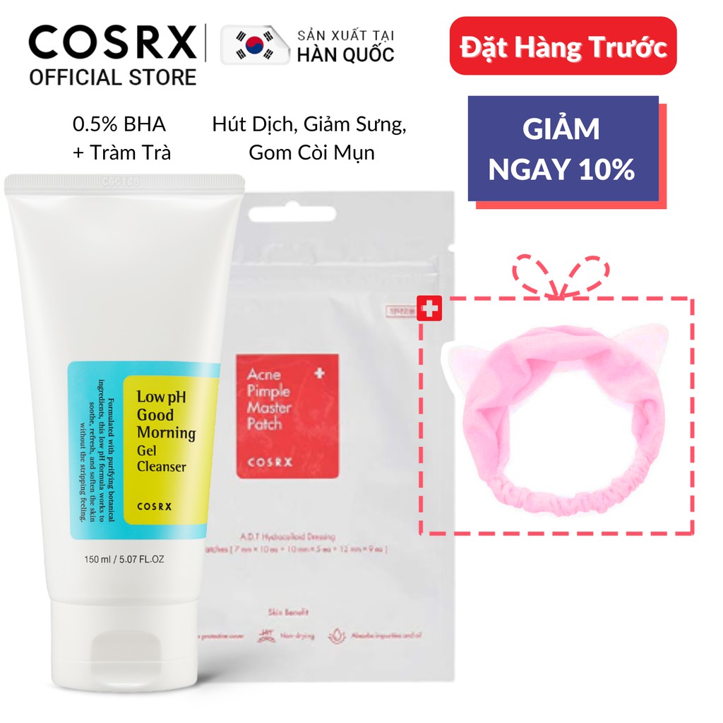 Combo Gel Rửa Mặt + Dán Mụn COSRX: Low pH Good Morning (Tràm Trà, 0.5% BHA) 150ml + Acne Pimple Master Patch 24 miếng