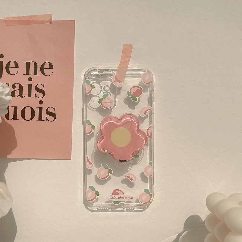Ốp Điện Thoại tpu Mềm Trong Suốt Có Giá Đỡ Hình Hoa Đào 3d Cho iphone 7 8 plus x xr xs 11 12 13 14 15 mini pro max se