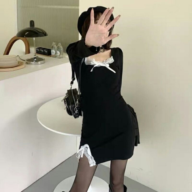 Váy body viền ren xẻ vạt dài tay Thu Đông