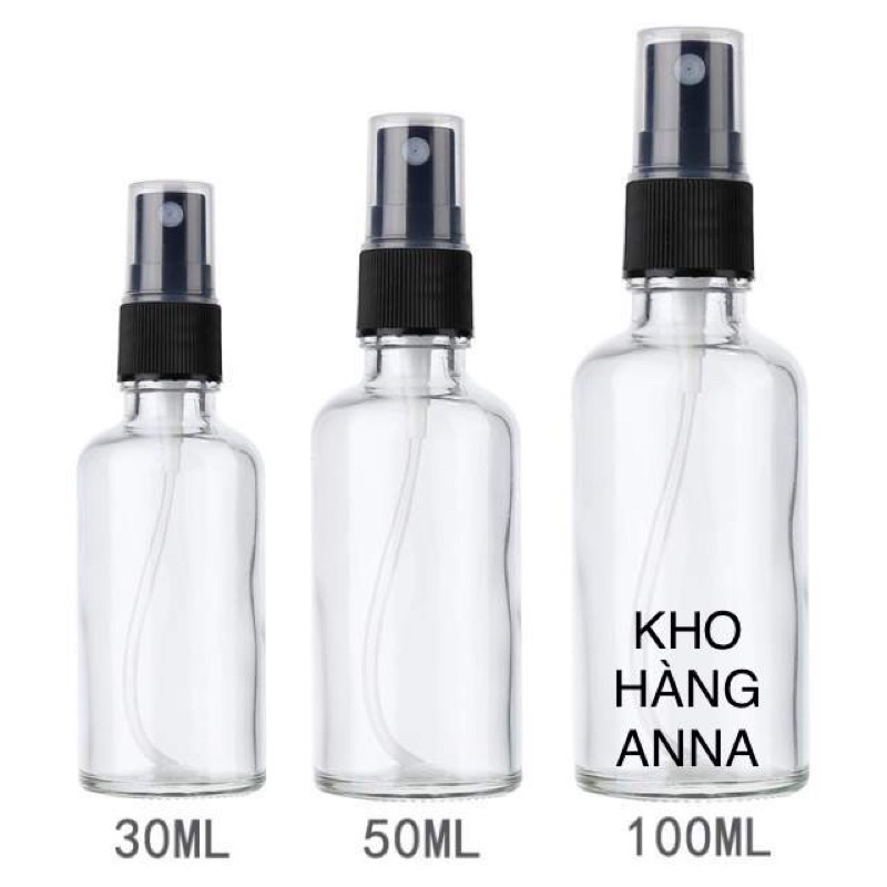 COMBO 5 chai thủy tinh Trong suốt Đựng tinh dầu 10ml/ 20ml/ 30ml/ 50ml/ 100ml- Chai Nắp xịt sương/ bóp xịt giọt/ nắp Đen