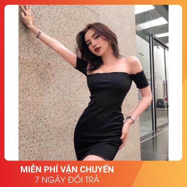 Váy Body Viền Bèo Hở Vai Nữ [FREESHIP] 🌸 Đầm dáng ôm cộc tay bánh bèo tiểu thư màu ĐEN | TRẮNG Ulzzang 🌸