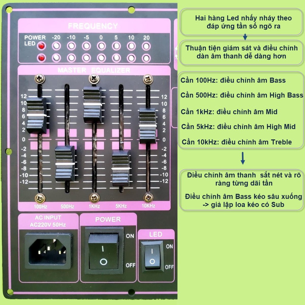 Mạch loa kéo 5 tấc đơn DSP Reverb Echo có chống hú - Equalizer 5 Band kèm loa và mic UHF vàng chống hú