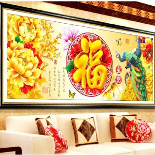 Tranh thêu chữ thập chữ phúc chim khổng tước cao quý kt 195*79cm