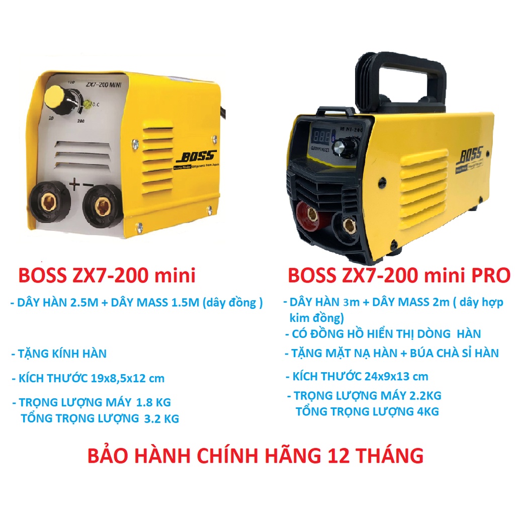 Máy hàn BOSS ZX7-200 mini, Tặng full bộ kiện dây hàn và kính hàn, máy hàn điện tử Boss 200a