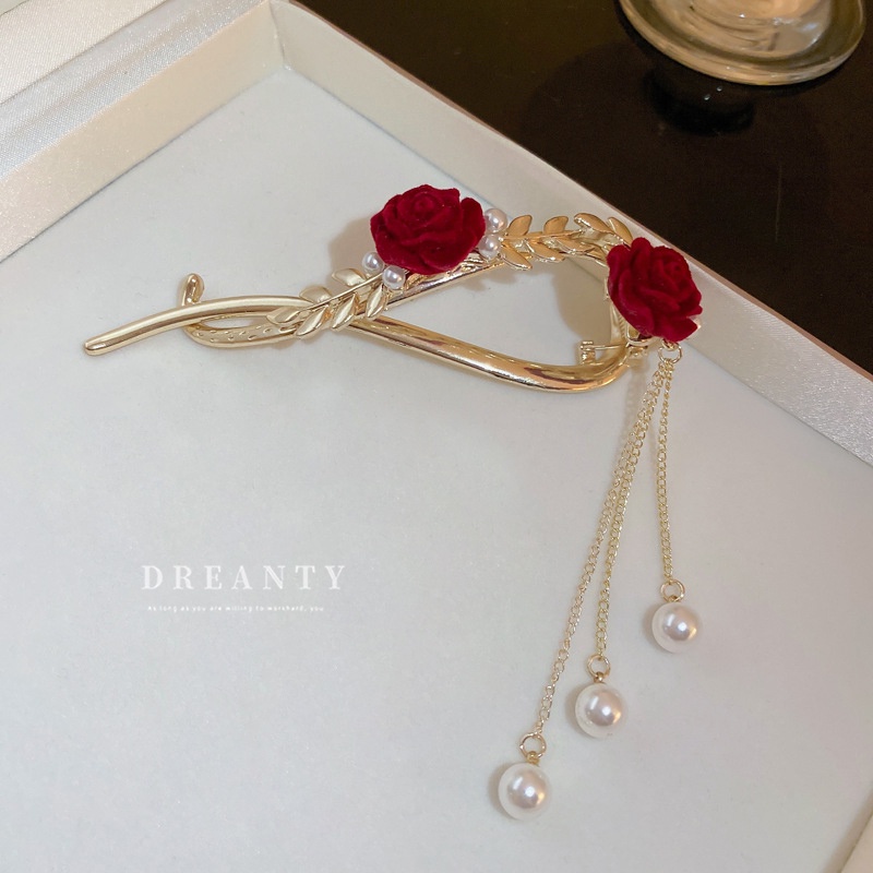 Kẹp Tóc Đính Hoa Hồng Ngọc Trai Giả Phong Cách Hàn Quốc Cho Nữ