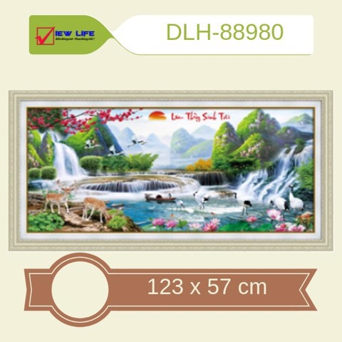 tranh thêu chữ thập phong cảnh thác nước lưu thủy sinh tài kt 123x57cm