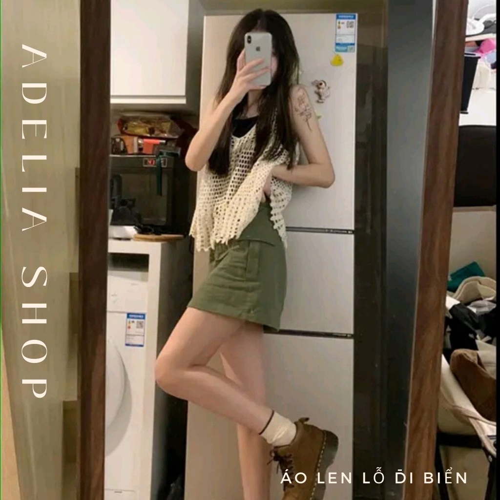 Sẵn - Áo Len Lỗ Dệt Kim 3 Lỗ Cổ V Dáng Ngắn Cá Tính , Áo Len Lỗ Đi Biển Không Tay Quyến Rũ Cho Phái Nữ Adelia.Shop