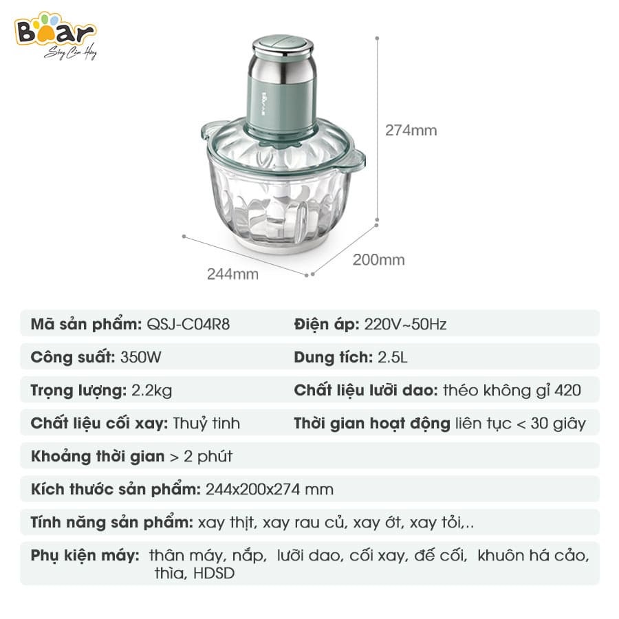 Máy xay thịt Bear 2.5L QSJ-C04R8S Tích hợp 2 mức xay mức xay thực phẩm mềm và xay thực phẩm rắn, dẻo