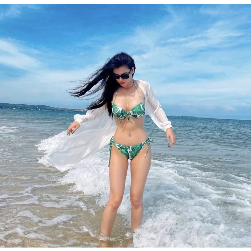 Đồ bơi nữ đi biển, bikini 2 mảnh nâng ngực hoạ tiết hoa lá xanh