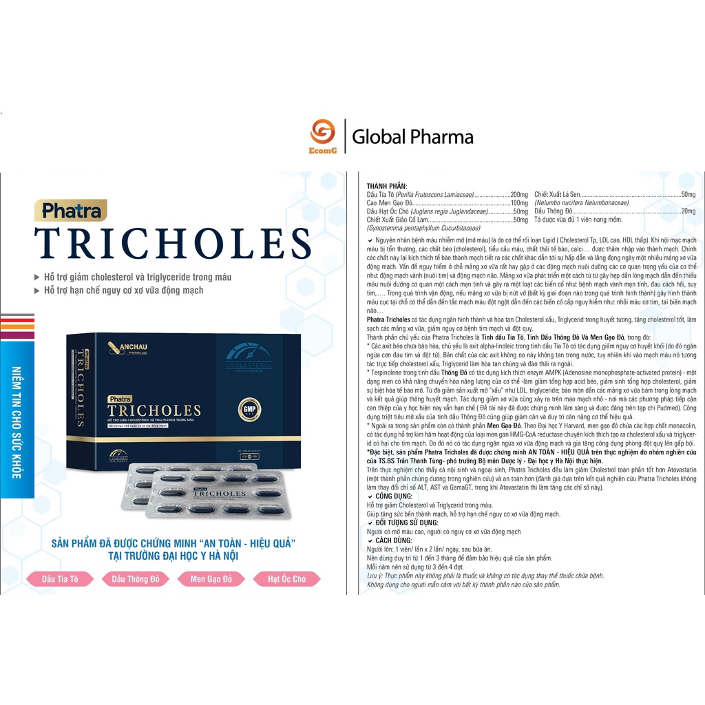 Viên uống tricholes An Châu giúp giảm cholesterol giúp hạn chế xơ vữa động mạch 2 vỉ 20 viên nang mềm - globalpharma