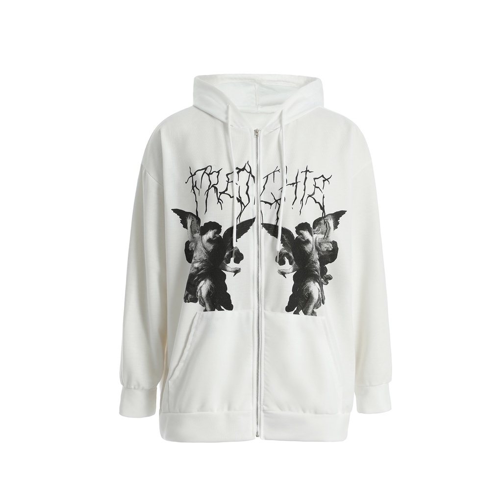 Áo sweatshirt có túi và mũ trùm đầu cỡ lớn dáng rộng tay dài khóa kéo in họa tiết thời trang cho nữ