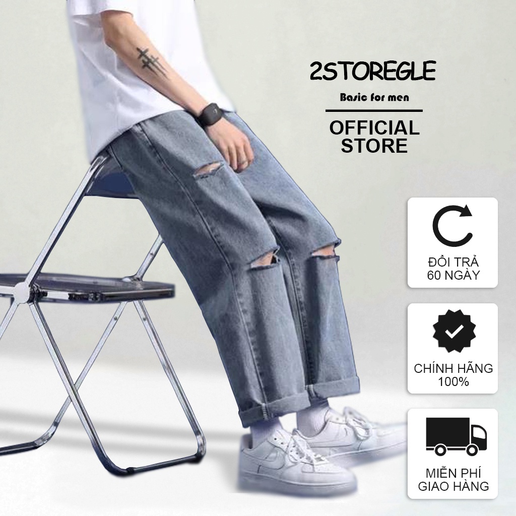 Quần Baggy Jean Nam Xanh Rách Gối Dáng Đứng Suông Ống Rộng 2STOREGLE Chất Vải Co Giãn Nhẹ Không Xù Lông Không Bai Gião