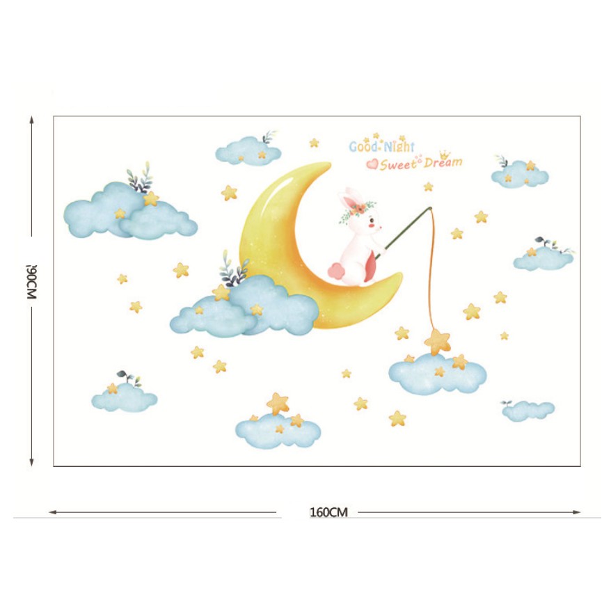 Decal trang trí tường - Mây Xanh và thỏ trắng câu sao Vàng Sweet Dream