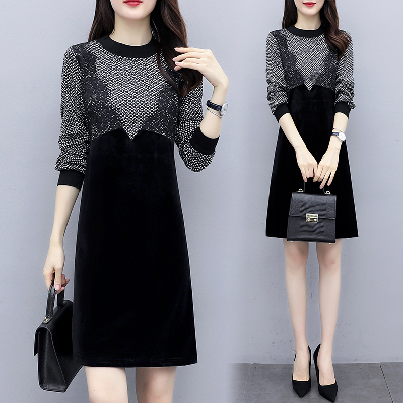 Plus Size 5XL Autumn New Women Korean Fashion Lace Patchwork Velvet Dress Casual Loose Long Sleeve Party Midi Dresses | BigBuy360 - bigbuy360.vn