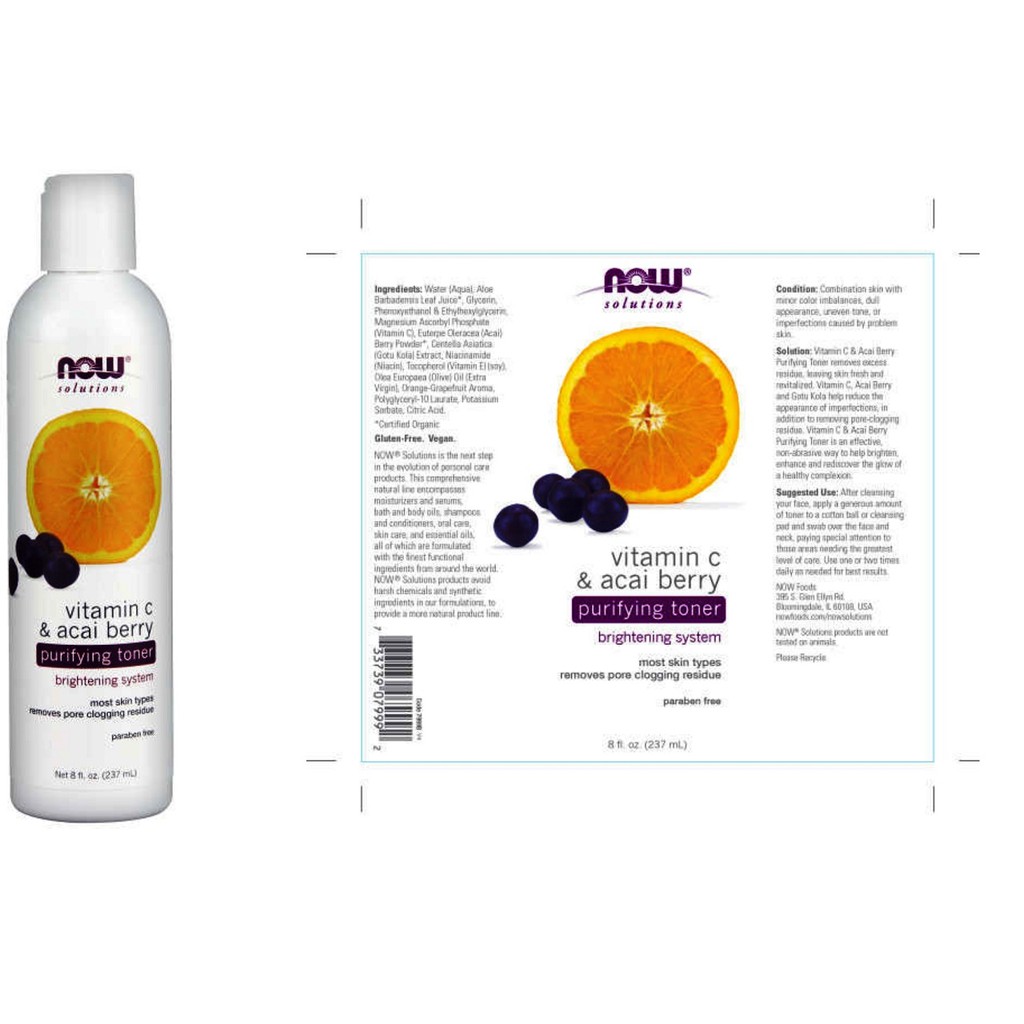 Mỹ phẩm Now solutions vitamin C acai berry purifying toner nước hoa hồng làm sáng da, loại bỏ chất bã nhờn chai 237ml