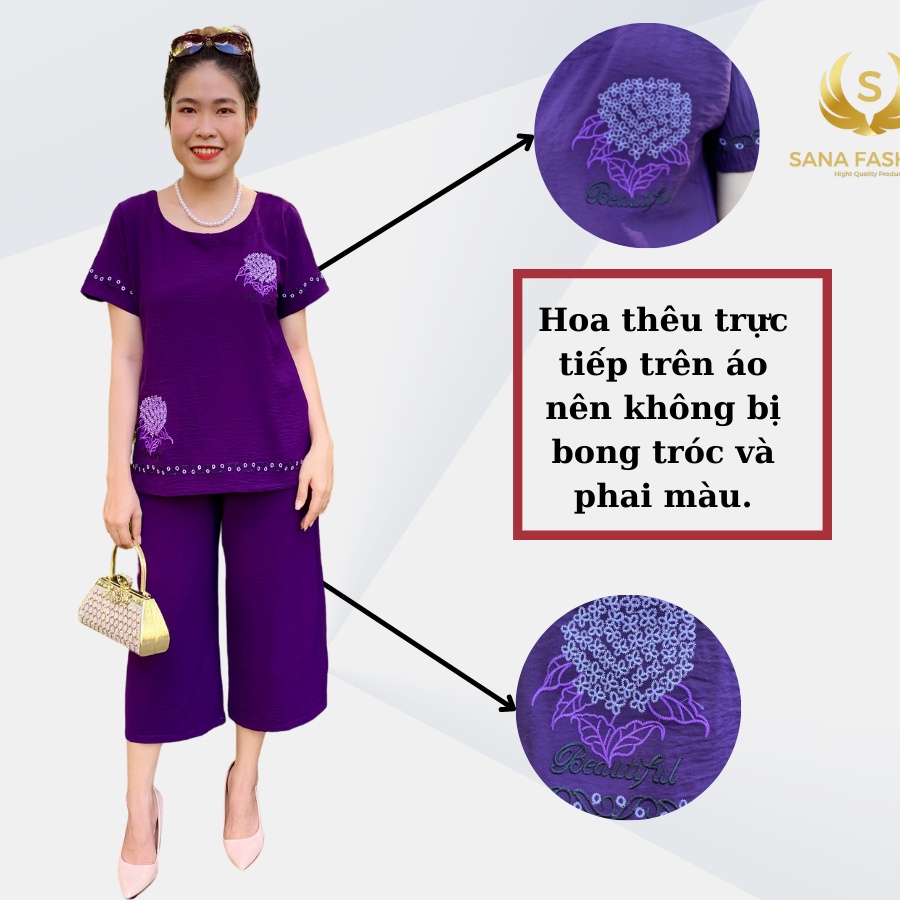 Đồ bộ trung niên ống rộng lửng mặc nhà cho mẹ thêu hoa cẩm tú cầu CTC03