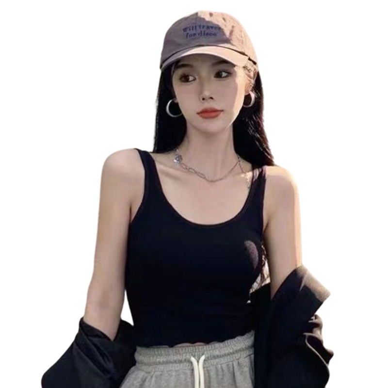 Brroa Áo Crop Top Dây Bản Rộng Cơ Bản Với Áo Ngực Gân Dệt Kim Mỏng Màu Trơn Thể Thao Viền Lettuce Hem Cho Nữ