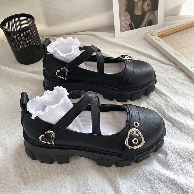 Giày Da Mũi Tròn Màu Đen Phong Cách Lolita Nhật Bản Anh Quốc Đế Dày Tăng Chiều Cao Mary Jane Cho Nữ