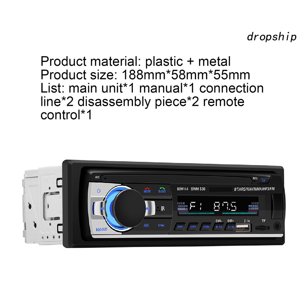 Máy nghe nhạc MP3 trên ô tô 12V Radio FM/AUX/Đĩa U/Bluetooth/Thẻ nhớ có 2 khe cắm USB dùng sạc điện thoại DRO_SWM-530