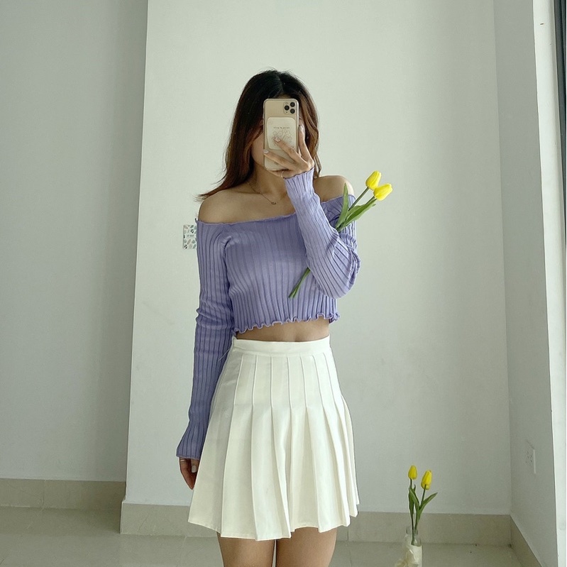 Thun Crop trễ vai viền bèo cổ vuông bảng màu Hottrend 2011