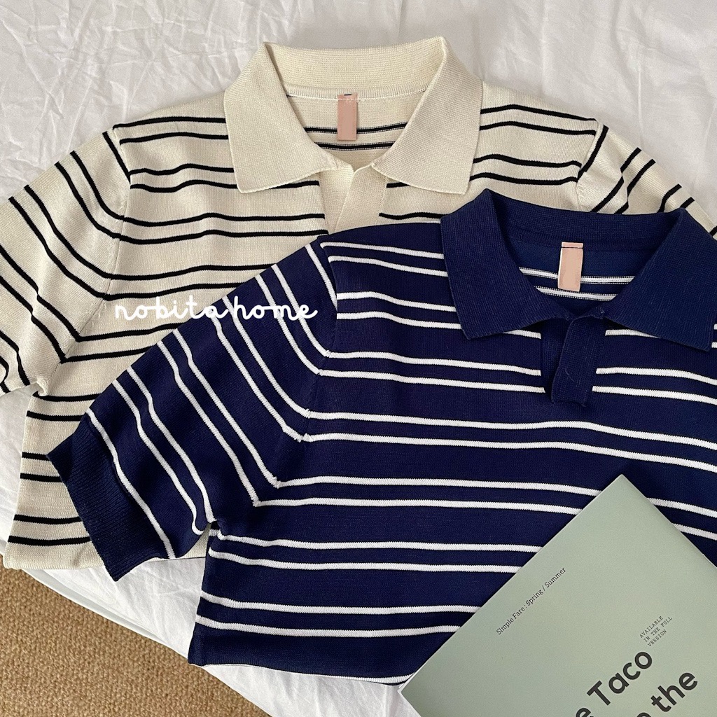 NOOBITA - Áo thun polo dệt kim kẻ sọc 7742