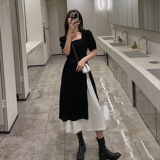 Váy đầm đen cổ vuông xẻ phối trắng dáng dài phong cách Ulzzang