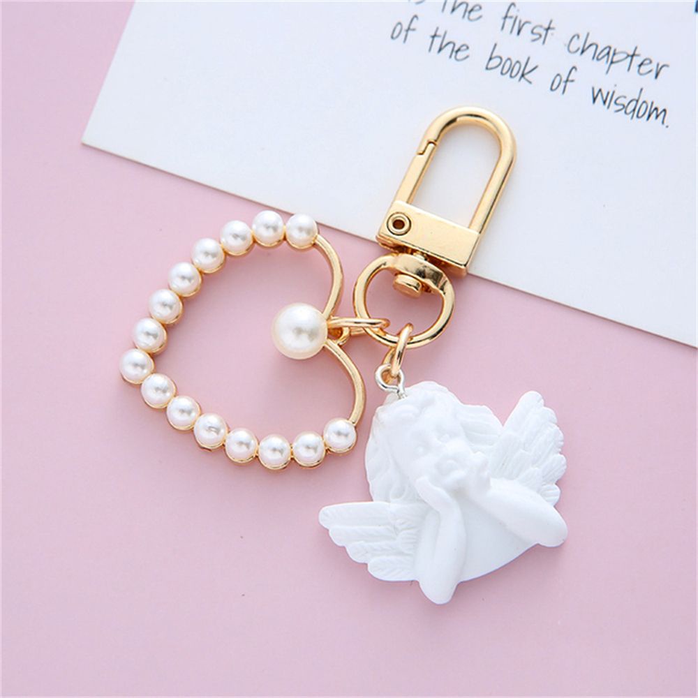 LANFY Retro Angel Key Rings Girl Female Earphone Case Chain Pearl Keychain Love Heart Key Accessories Chain Ornaments Bag Pendant Key Lanyard Small Gift Women Car Keyring