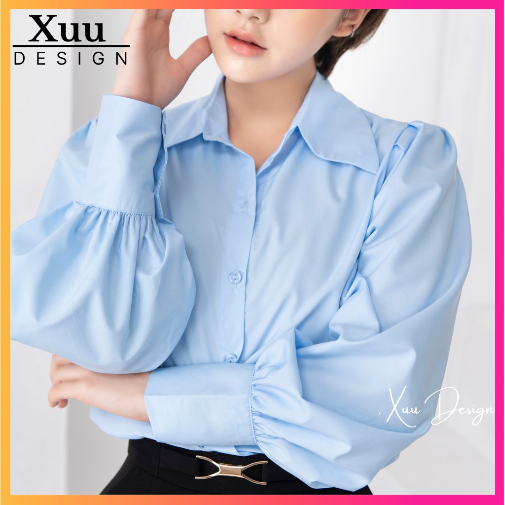 Áo sơ mi nữ dài tay 💖Xuu Design💖 Áo tay bồng thiết kế chất liệu tơ mềm SMK15 Xanh