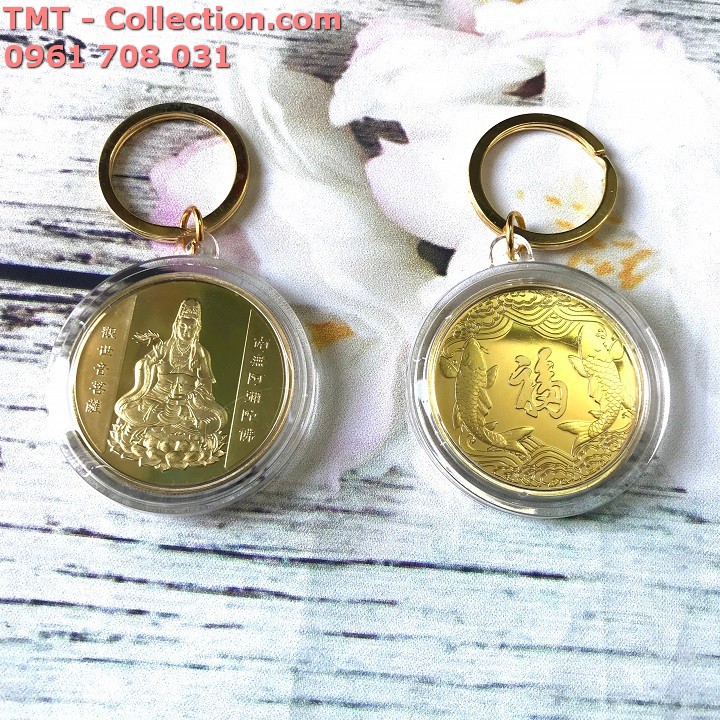 Móc khóa Xu Quan Âm Mạ Vàng Cá Chép; Nhựa acrylic + xu Niken mạ vàng; Đường kính của xu là 5cm-TMT Collection-SP002386