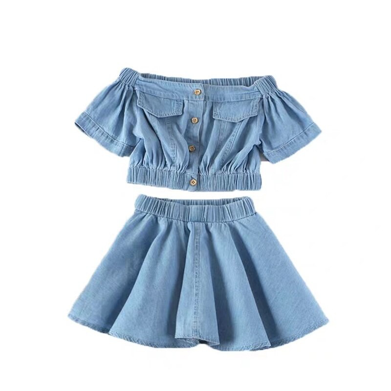 MezyTicky Summer Girl Denim Clothing Sets Toddler Fashion High Waist Pleated Dress Clothes Children Strapless Sleeve Tops Short Dress