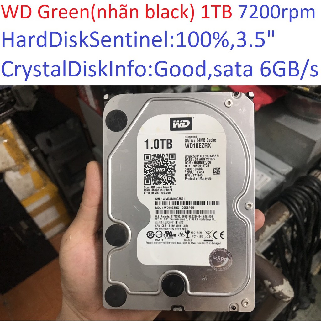 ổ cứng cho PC máy tính bàn WD Green(nhãn Black) 1TB 7200RPM sata 3 6 GB/s 3.5 " inch hdd 100% Good