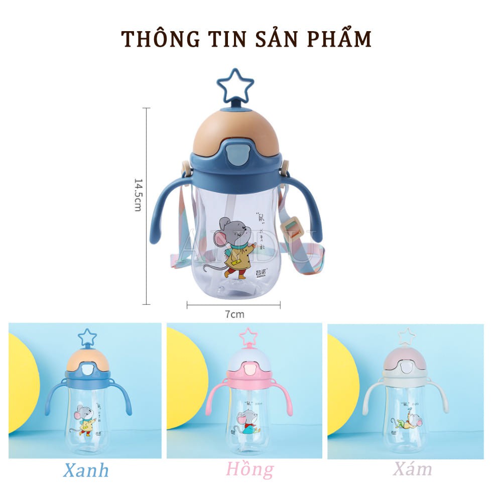 Bình Tập Uống Nước Chống Sặc Cho Bé, Bình Hút Nước Hình Tai Thỏ / Ngôi Sao 280 Ml Có Tay Cầm, Có Dây Đeo