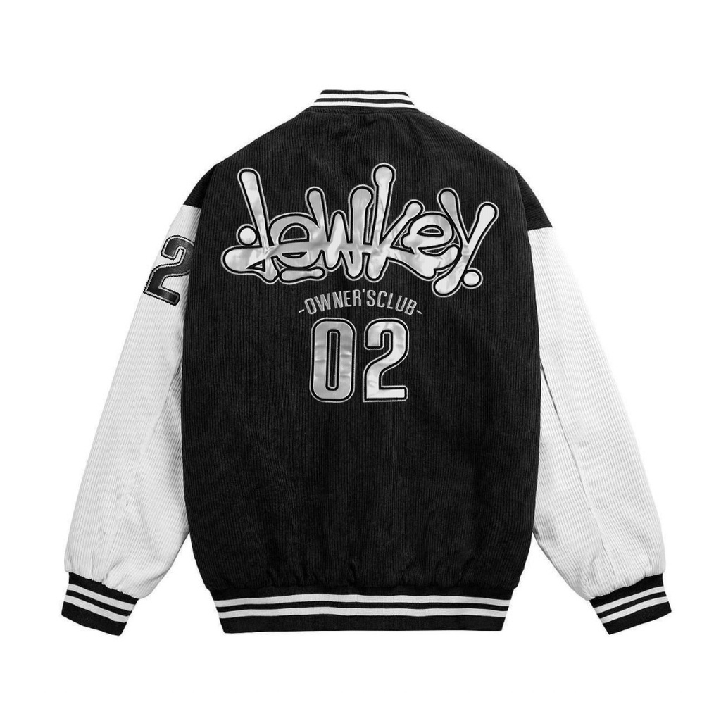 Áo khoác Varsity Black/White Nhung Tăm Full Thêu Logo Lowkey Phối Da PU Varsity Jacket Lowkey Uni