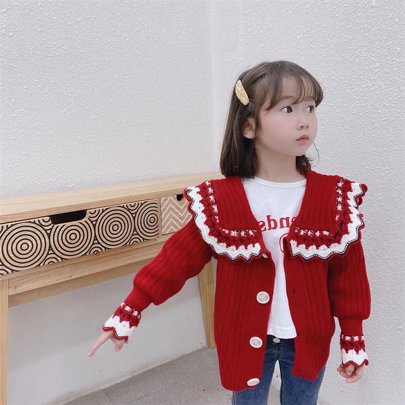 Áo khoác cardigan dệt kim cổ bẻ phối ren phong cách phương Tây mới cho bé gái 2021