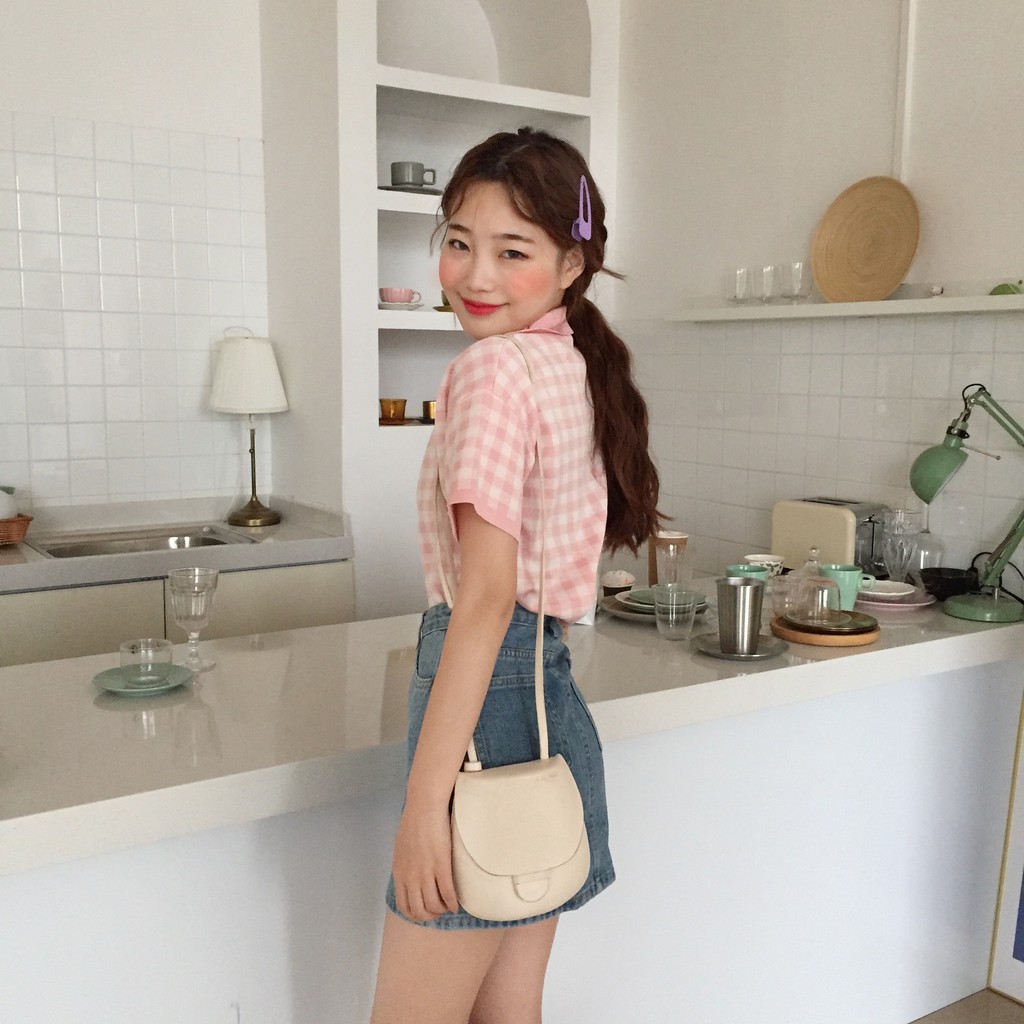  Xiaozhainv Áo dệt kim tay ngắn bâu sơ mi kẻ sọc caro thời trang Hàn Quốc cho nữ