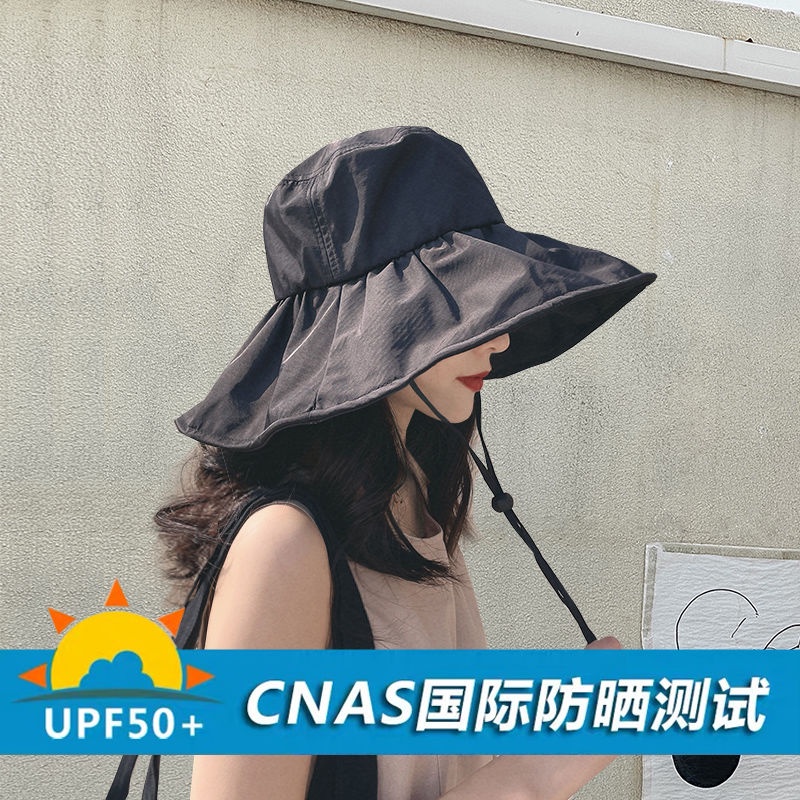 Mũ Bucket Màu Đen Chống Tia UV Chống Tia UV Dạng Tròn Vành Rộng Che Nắng Chống Tia UV Có Keo Dán Mặt To Cho Nữ