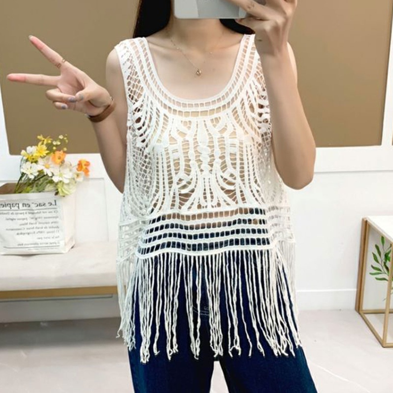 Áo Tank Top Dệt Kim Mỏng Nhẹ Không Tay Phối Tua Rua Thời Trang Mùa Hè Cho Nữ