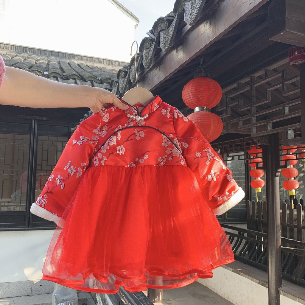 Váy đỏ bé gái 2 lớp mềm, hàng quảng châu cao cấp