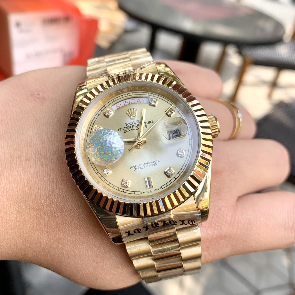 Đồng Hồ Nam RoLex Sapphire RA22 Máy cơ Automatic Mặt vàng 2 Lịch Chống xước tuyệt đối