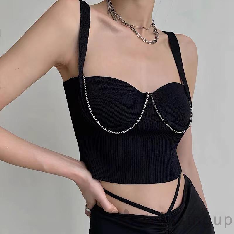 Áo Croptop Không Tay Đệm Mút Màu Trơn Phối Dây Xích Kim Loại Cho Nữ