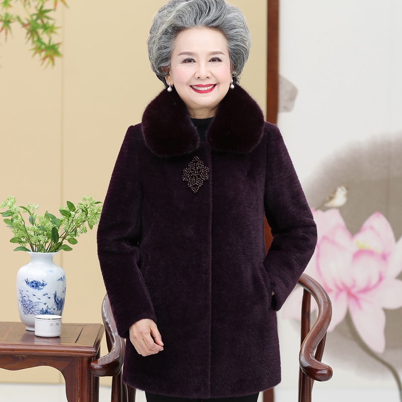 ♗♟۞Người cao tuổi quần áo mùa đông bà trang phục khoác nhung lông chồn phụ nữ ngắn dày già lớn mẹ