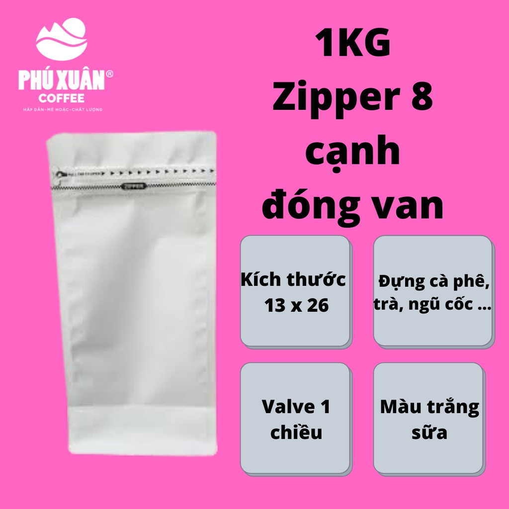 1kg túi zip 8 cạnh cà phê cafe màu trắng đóng sẵn valve 1 chiều