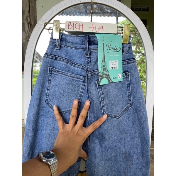 Jeans dài lưng cao co giãn rách 1bên L