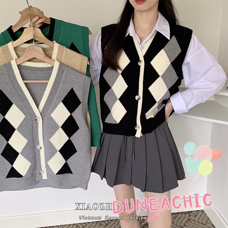 DUNEA Áo Khoác Cardigan Không Tay Cổ Chữ V Phong Cách Retro Hàn Quốc Với 3 Màu Tùy Chọn