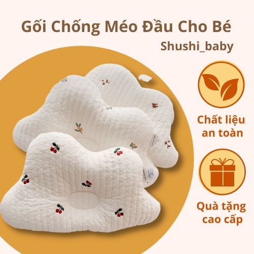 Gối Sơ Sinh Chống Méo Đầu Cho Bé Vải Chần Bông Mềm Mát Hình Đám Mây