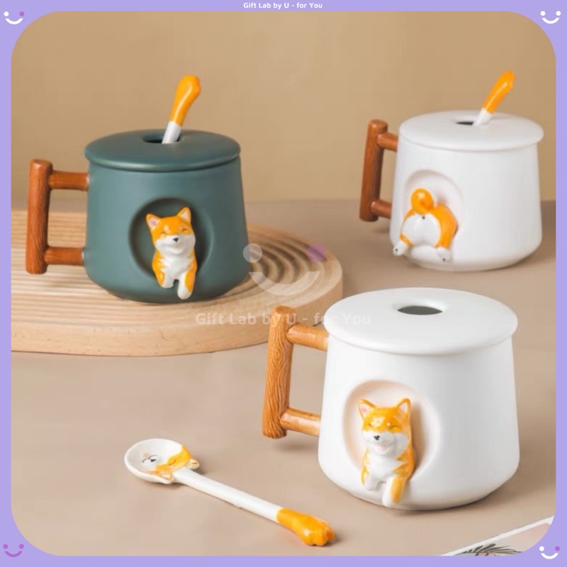 Cốc gốm sứ cao cấp hình cún shiba cười siêu chill kèm nắp thìa [Quà tặng ý nghĩa]